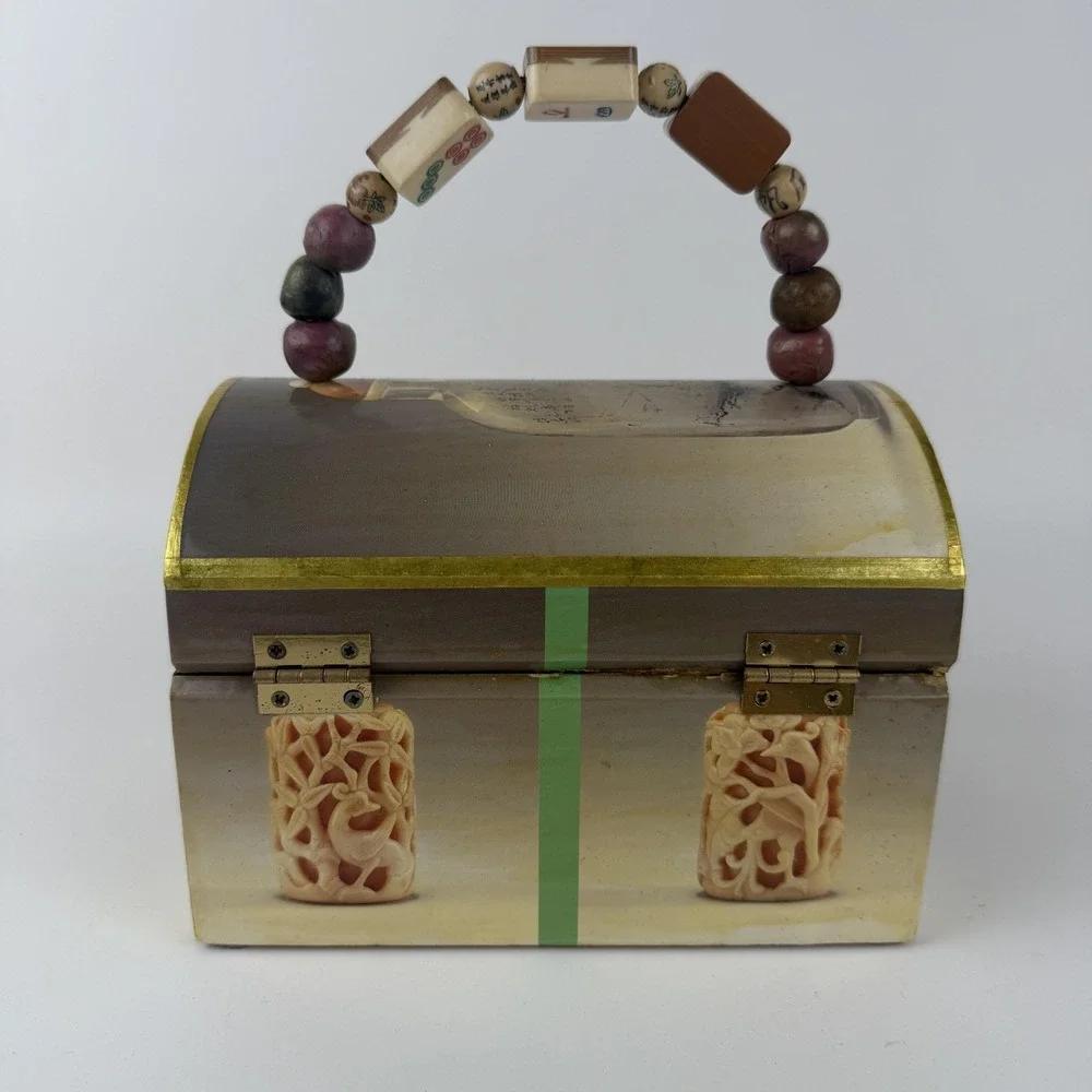Beaded Handle Wooden Jewelry Trinket Box Asian Snuff‎ Bottle Print Hinged Latch
